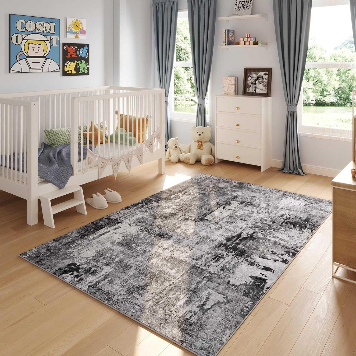 Detalle de Rugcomf 8x10 Area Rug – Washable Boho Faux Wool, Non-Slip Backing, 0.35" Plush Yet Low-Pile (Grey & Black)