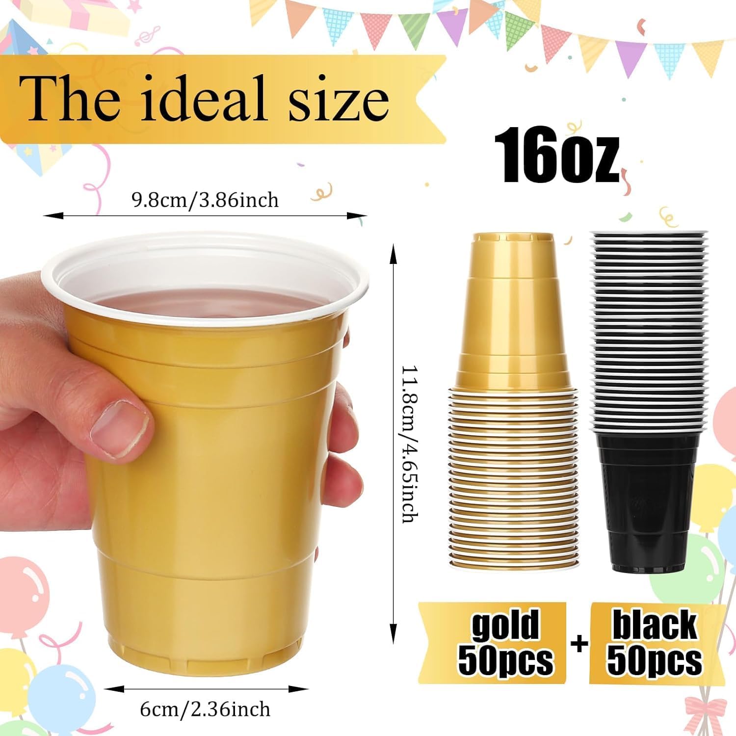 Detalle de KesaPlan 16 oz Disposable Plastic Party Cups, Black and Gold, 100-Pack