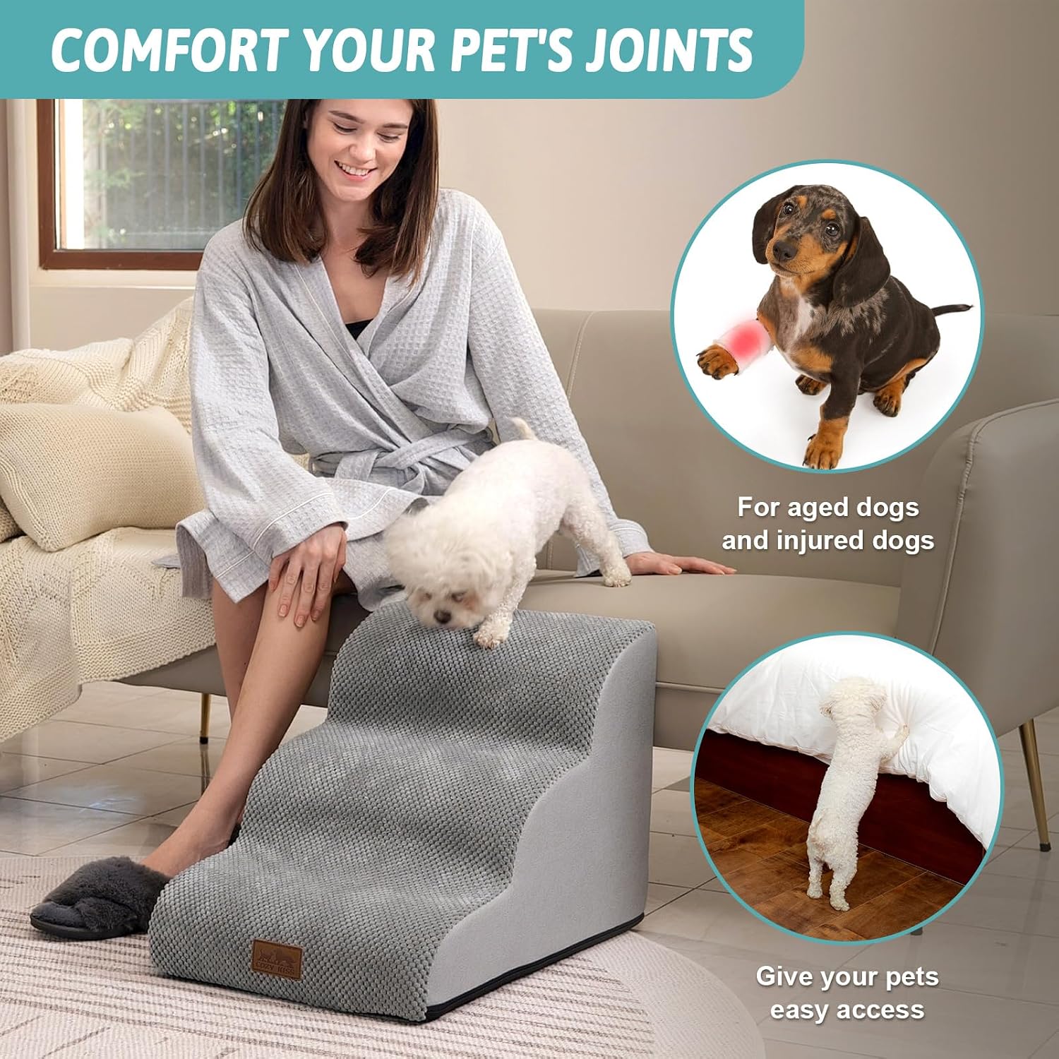 Detalle de COZY KISS 3-Step Curved Dog Stairs for Small Dogs, 15.7" High