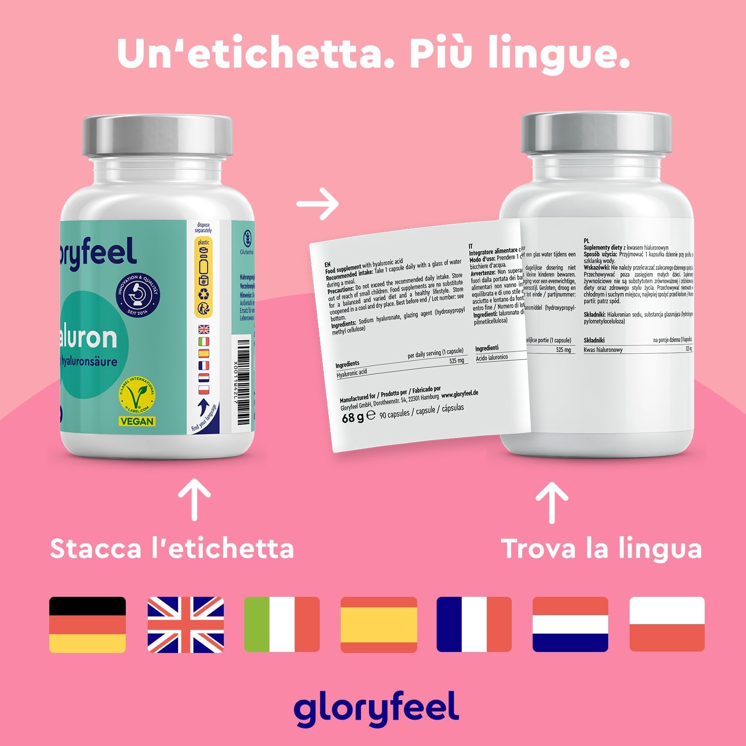 Thumbnail 4 de Acido Ialuronico Integratore: puro 525 mg in capsule vegan per pelle, articolazioni e ossa (500–700 kDa) – 90 capsule