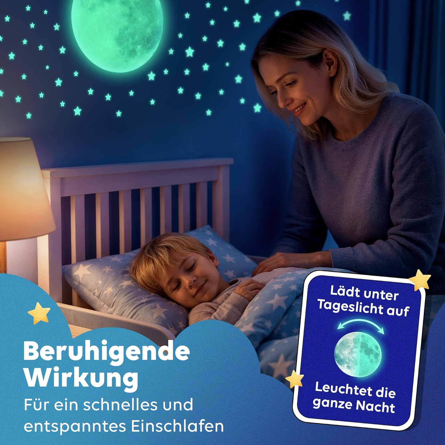 Detalle de LILIMAUS Leuchtmond XXL SELBSTKLEBEND – Mondleuchtsticker für das Kinderzimmer, schaltet den Sternenhimmel im Dunkeln frei