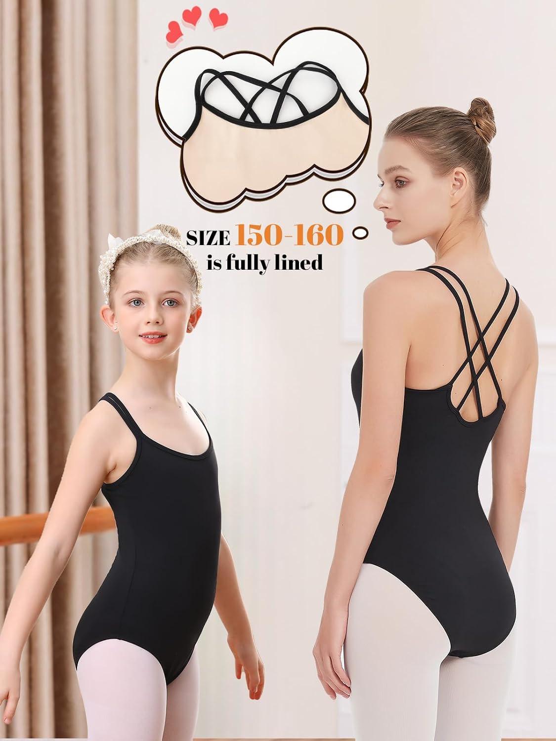 Detalle 2 de Kefiyis Justaucorps noir pour filles (3 à 13 ans) — coupe dos croisé et tissu stretch
