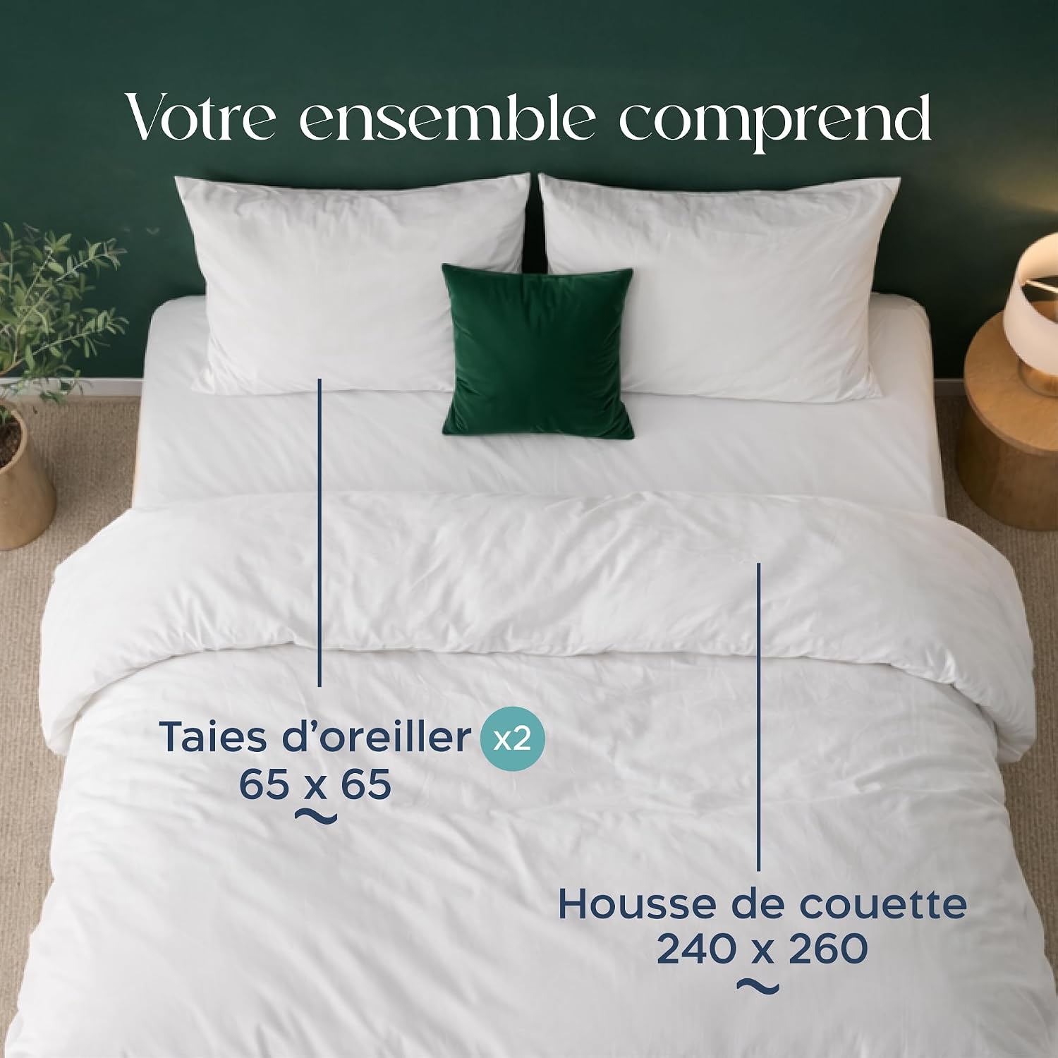 Detalle de Parure de lit Twinzen Twinzen Housse de couette 260x240 cm avec 2 taies 65x65 cm, blanc en microfibre