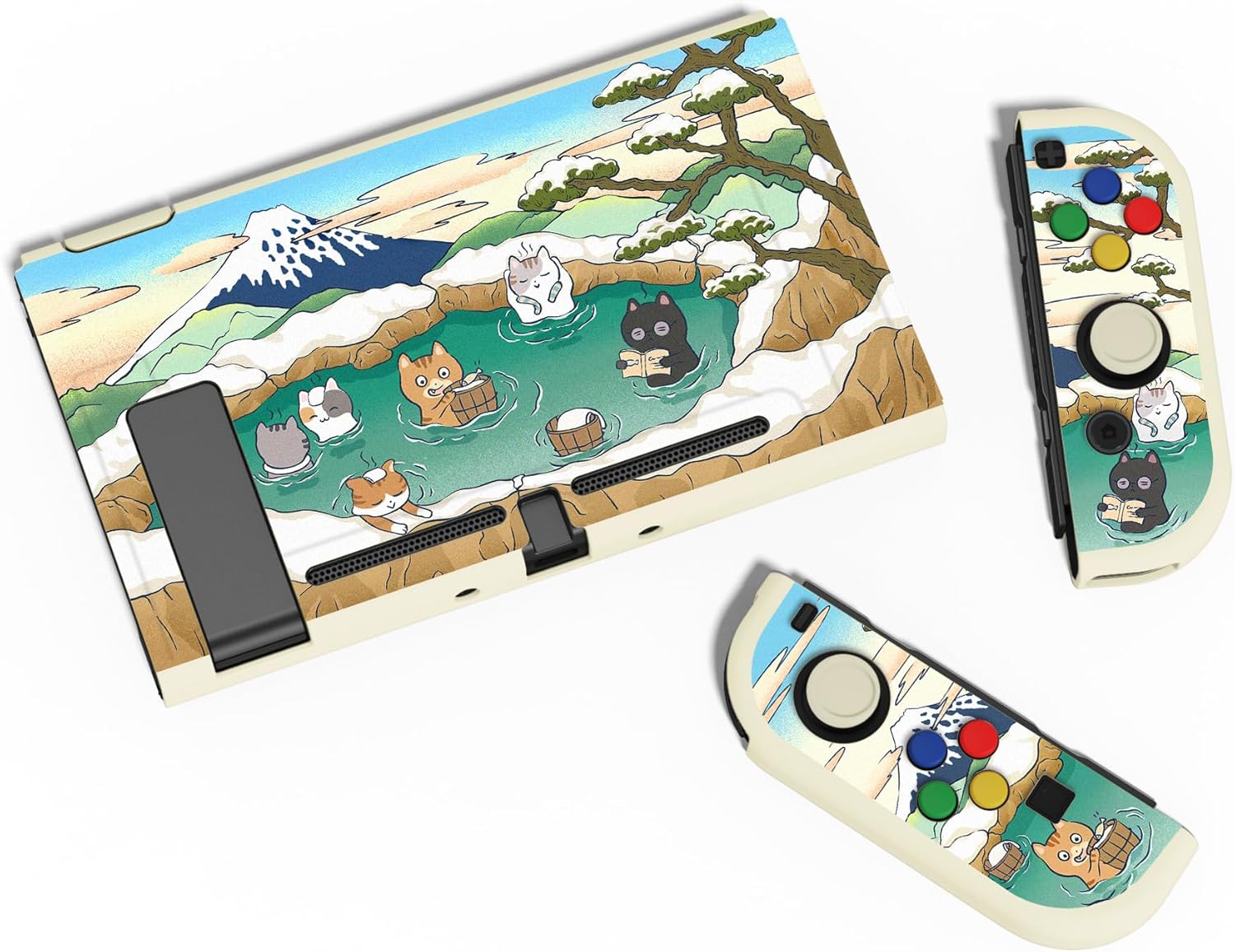 Detalle de PlayVital ZealProtect Soft Protective Case for Nintendo Switch (Hot Spring Kitties) – with tempered glass screen protector, thumb grips and ABXY caps