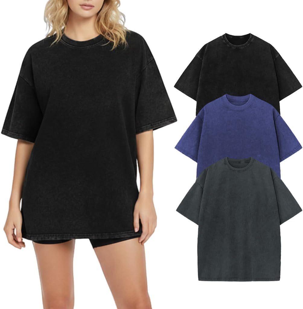 Thumbnail 6 de Cuptacc Damen Baumwolle Oversize T-Shirt mit Rundhals – Batik-Effekt, locker und vielseitig
