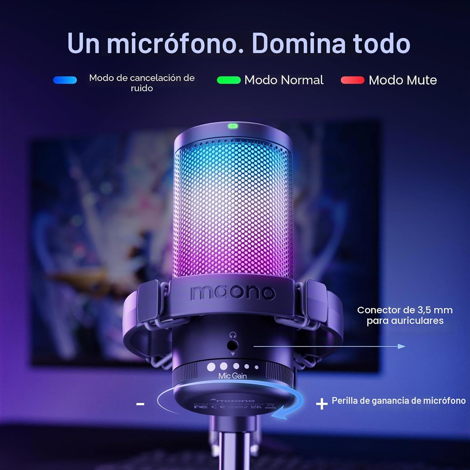 Detalle de MAONO Microfono Gaming USB con cancelación de ruido, RGB y soporte robusto para streaming y podcast