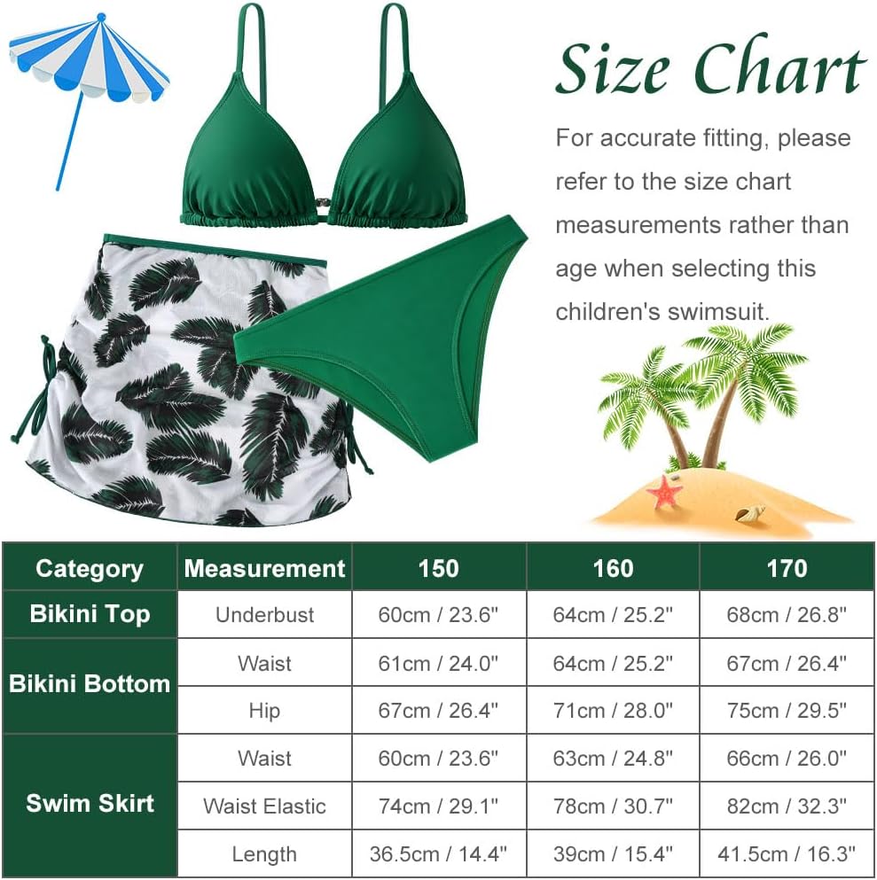 Thumbnail 3 de Aolso Girls’ Swimsuit Set, 3 Bikini Tops, Tanga Bottom with Skirt, Blue/Green