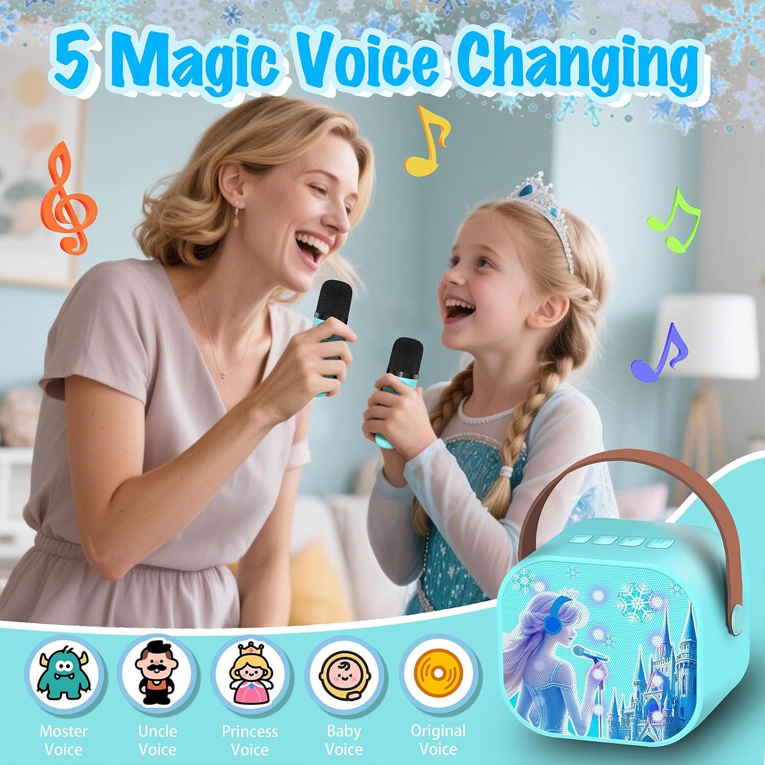 Thumbnail 1 de CINKOLA Kids Frozen karaoke machine with 2 wireless microphones (Bluetooth, LED lights, voice effects)