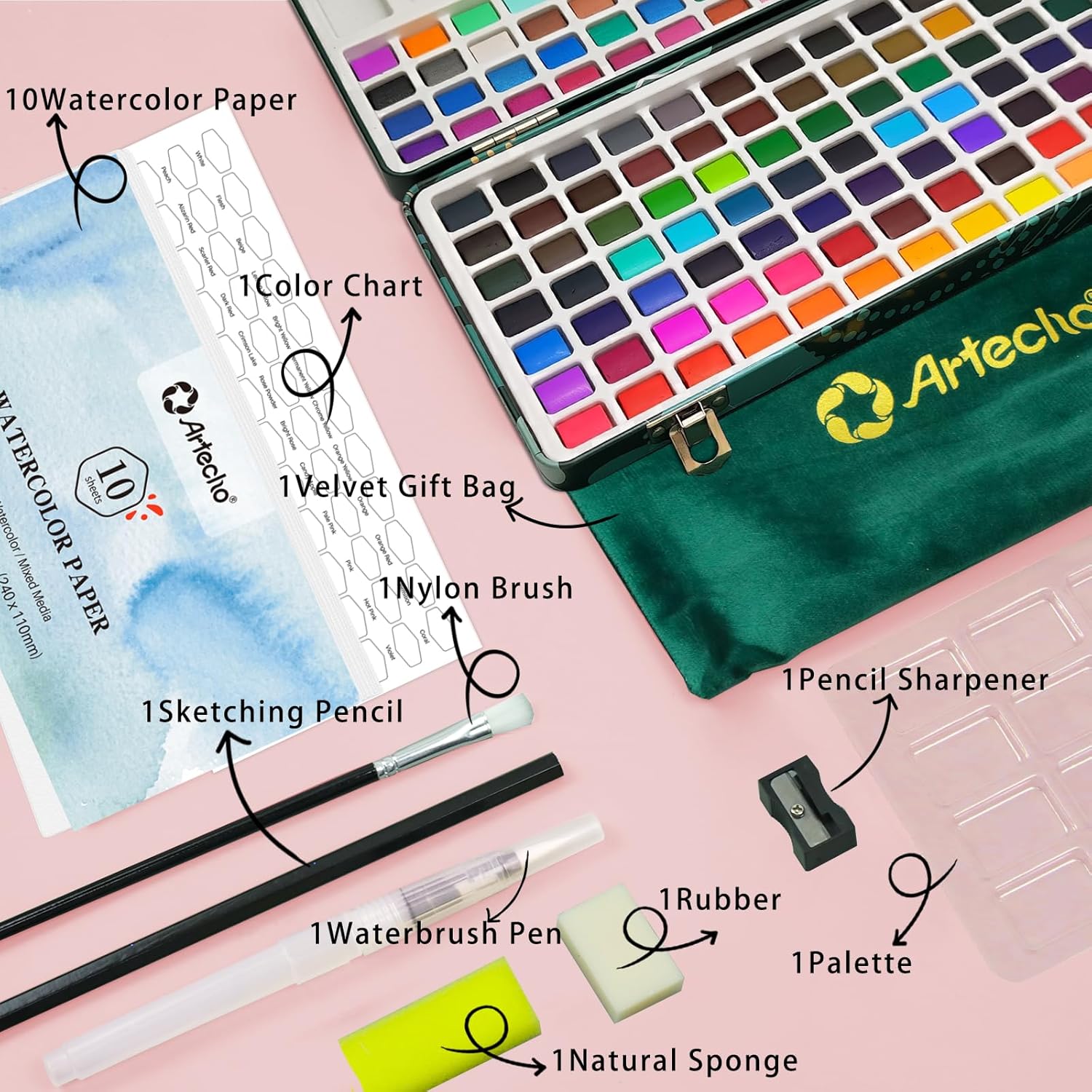Thumbnail 2 de Artecho Aquarellfarben-Set mit 128 Farben in tragbarer Box (mit Aquarellpapier & Pinseln)