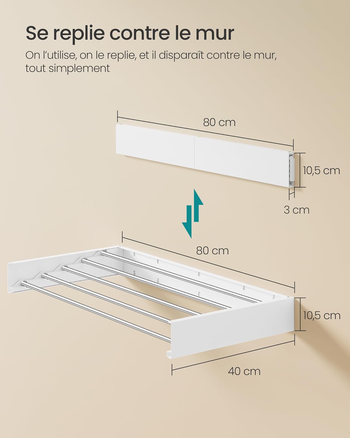 Thumbnail 4 de SONGMICS Étendoir à Linge Mural Rabattable 5 Barres 80 cm – gain de place, aluminium, intérieur et extérieur