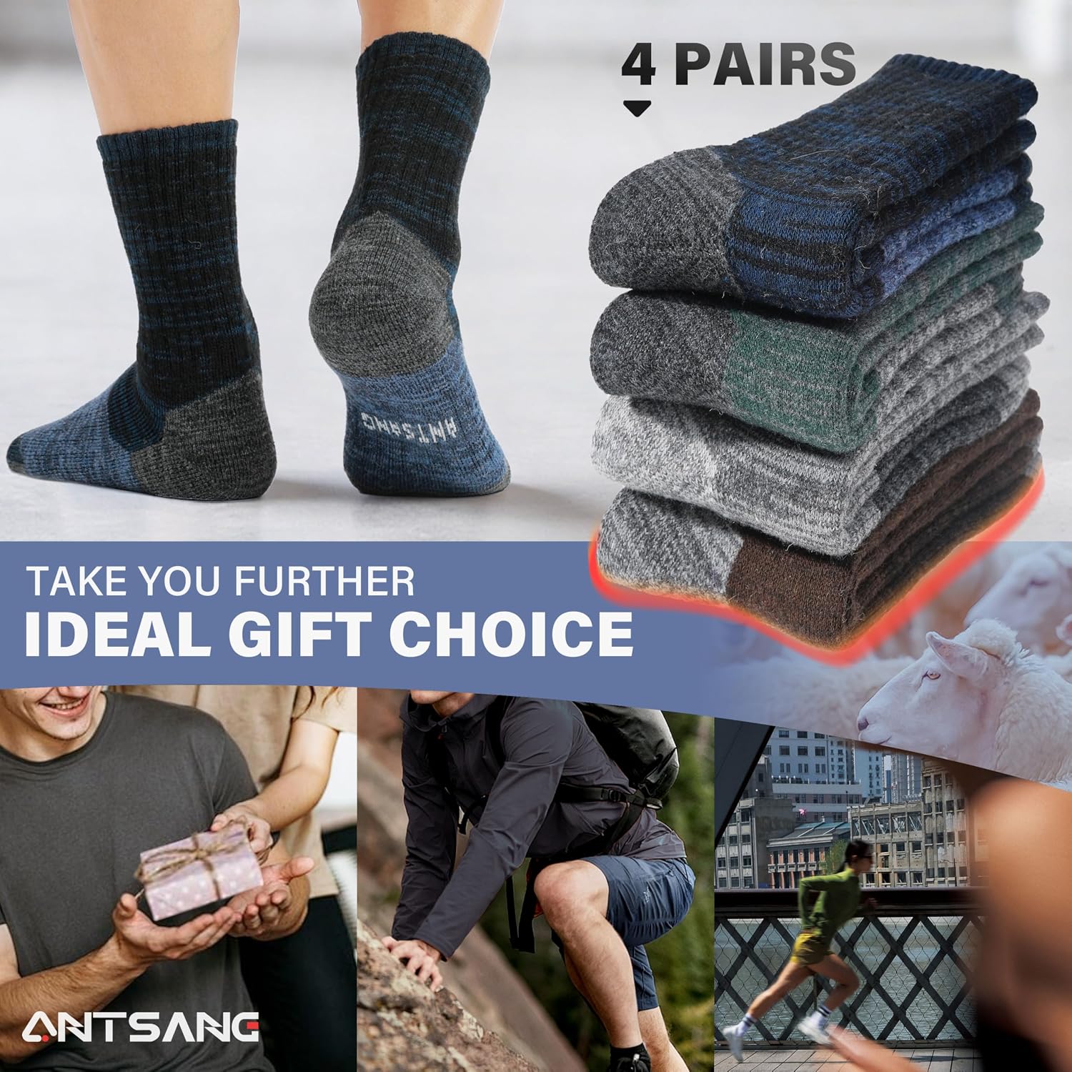 Detalle 2 de ANTSANG Merino Wool Hiking Socks, Full-Cushion Crew, Arch and Calf Support, 4 Pairs