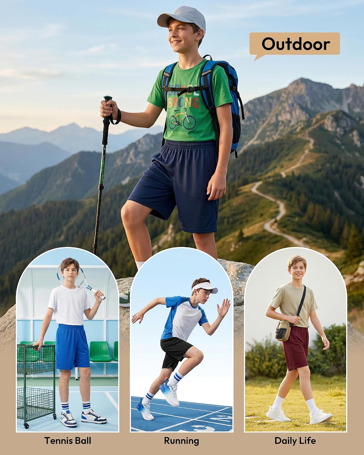 Detalle 2 de YOIOWVY 5er Pack Kurze Hosen Jungen – atmungsaktive Funktionsshorts für Laufen, Basketball & Fußball
