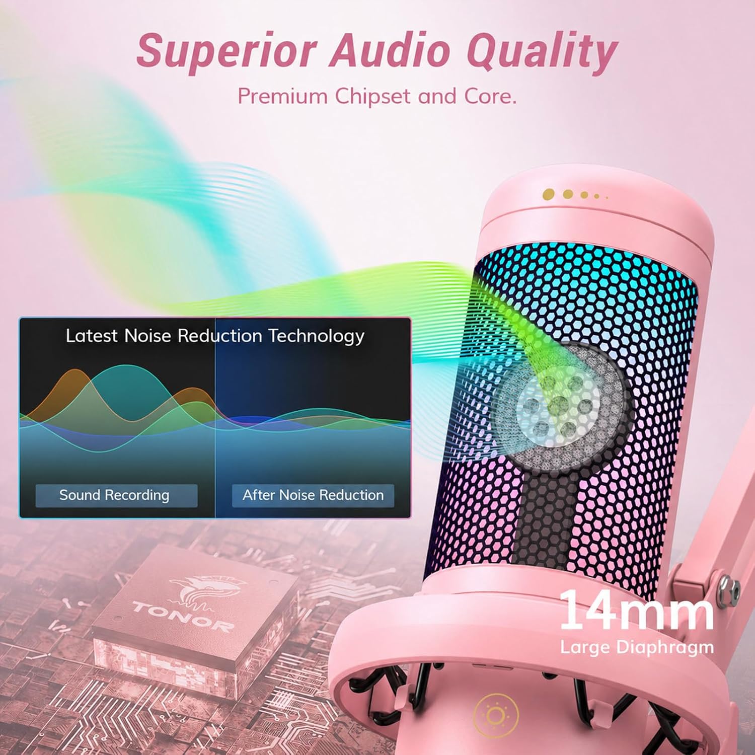 Detalle 2 de TONOR TC310+ Pink Gaming Condenser Microphone with RGB and Boom Arm