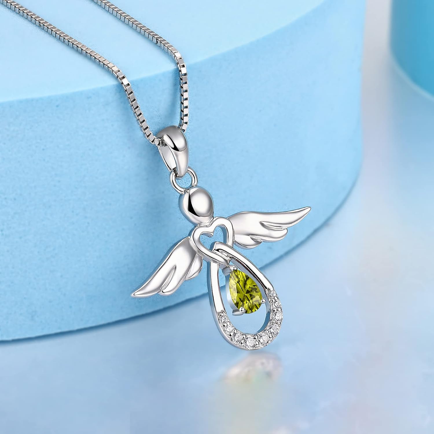 Detalle de FJ Damen Kette „Schutzengel“ mit Anhänger aus 925 Sterling Silber, Zirkonia und Geburtsstein