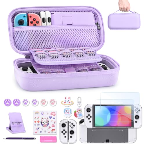 innoAura Paquete de Accesorios NS Switch OLED - Funda 18 en 1 Carcasa de Juegos de Switch, Protector de Pantalla, Soporte Grips de Mando de Switch,Púrpura