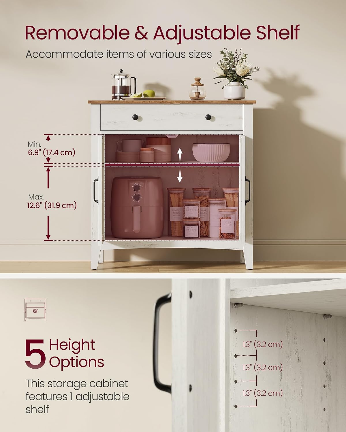 Detalle de VASAGLE UBBK341W01 Farmhouse Coffee Bar Cabinet with Adjustable Shelf