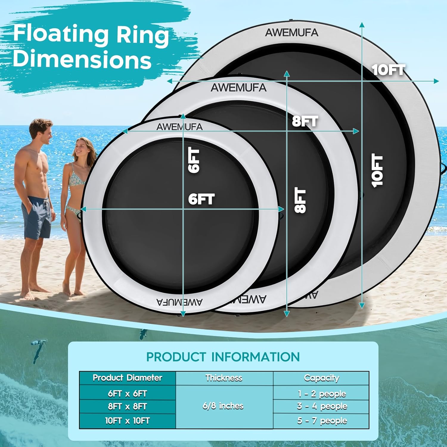 Thumbnail 1 de AWEMUFA Water Hammock Floating Island — 6/8/10/12 ft Heavy-Duty Round Ring with Mesh, Ideal for Lakes and Pools