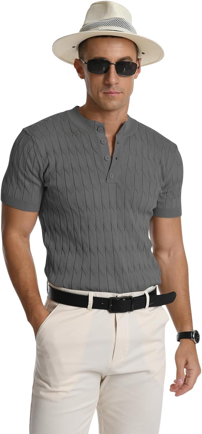 Thumbnail 4 de MLANM Men's Knitted Henley T-Shirt Polo - Short Sleeve, Slim Fit, Summer Knit