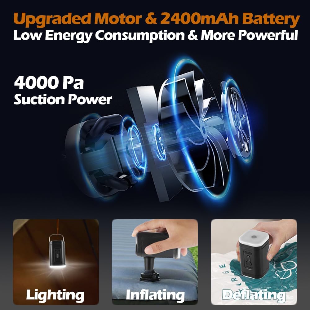 Detalle de MUCHER draagbare elektrische luchtpomp met ledlamp, 2400 mAh en 5 mondstukken