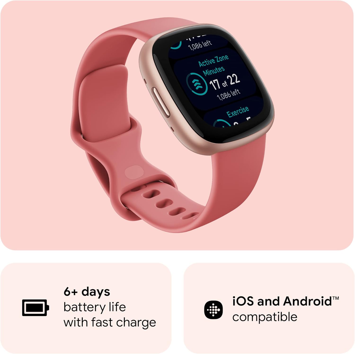 Thumbnail 5 de Fitbit Versa 4 Fitness Smartwatch with Daily Readiness, Built-in GPS, 24/7 Heart Rate (Pink Sand/Copper Rose)