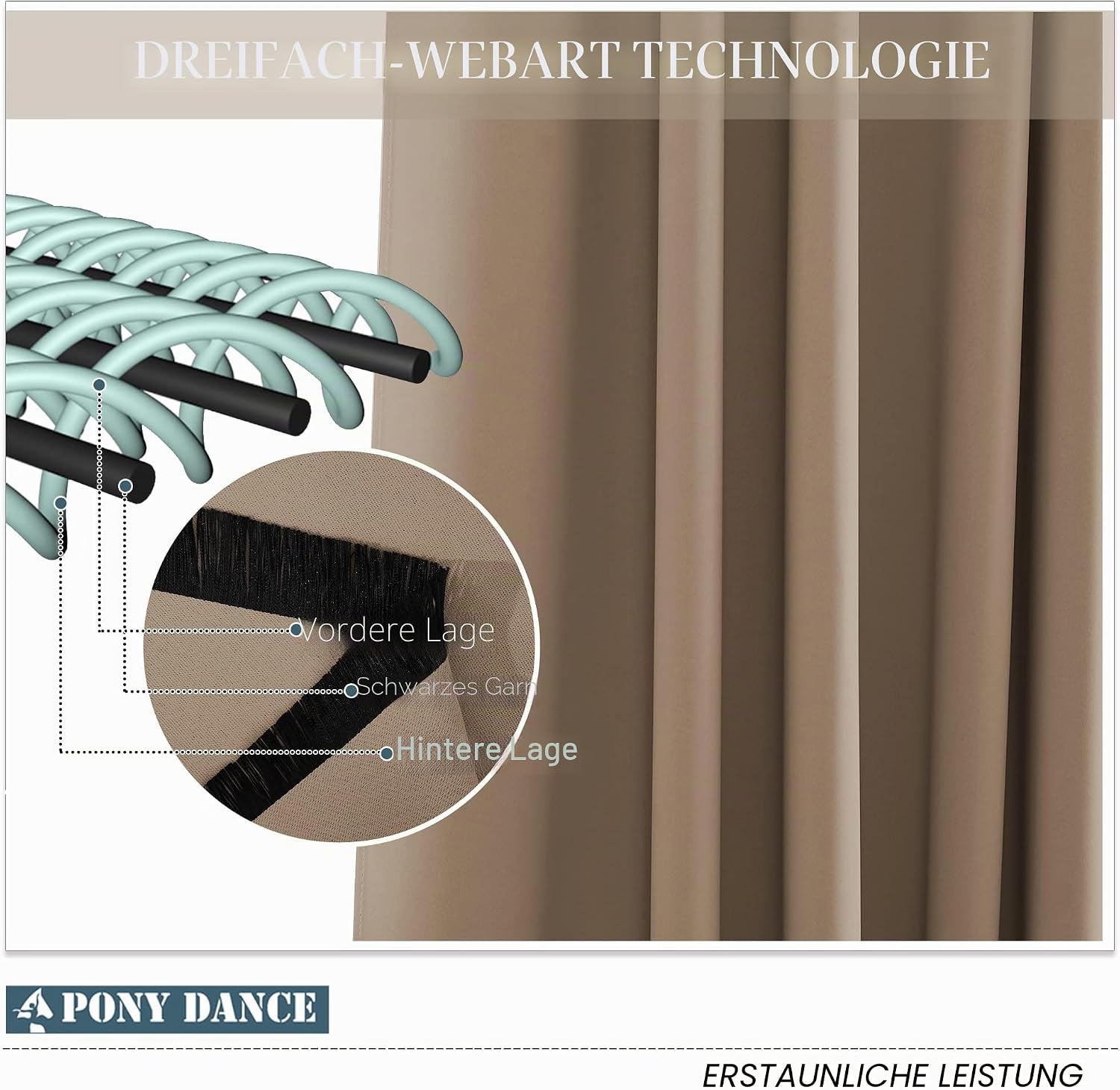 Thumbnail 6 de PONY DANCE Verdunkelungsvorhänge Cappuccino 2er-Set, H 228 cm x B 167 cm – mit Kräuselband