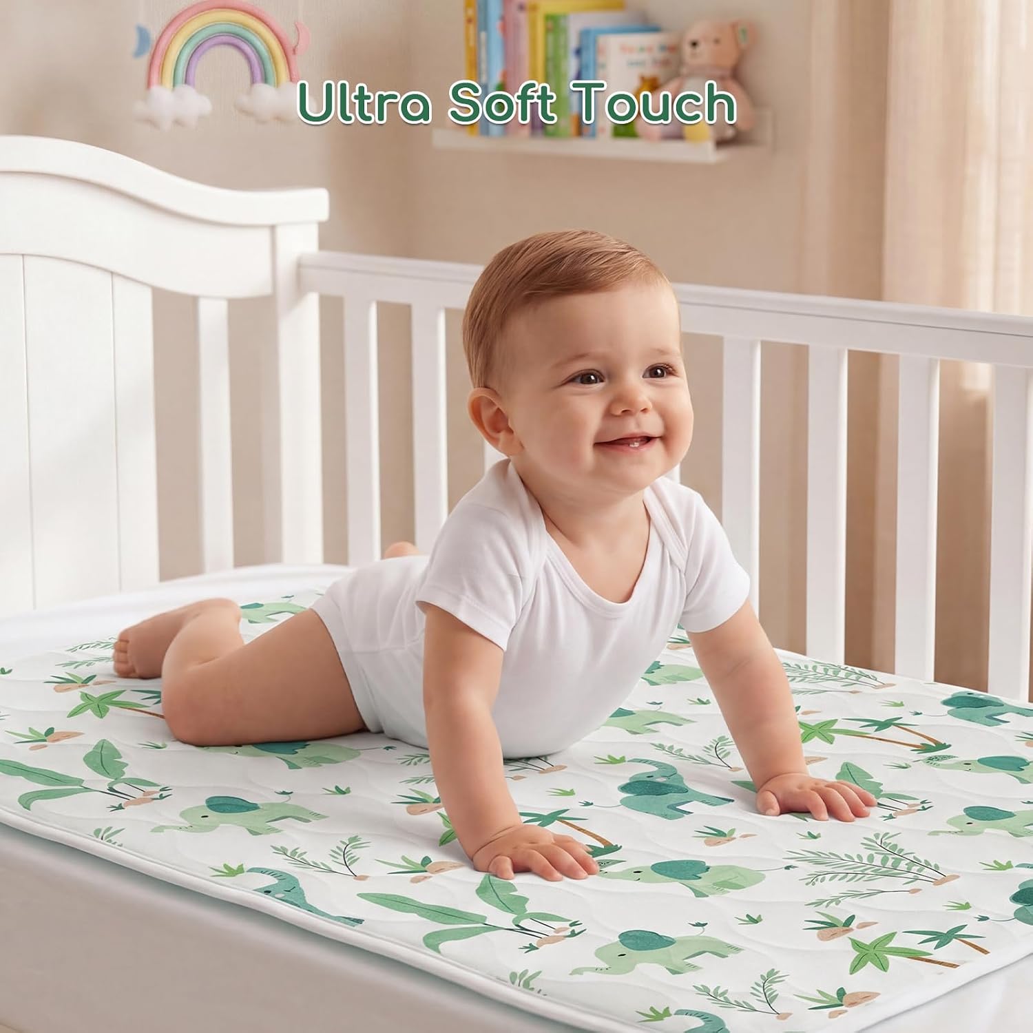 Detalle 2 de Yukkidds 2 Pack Potty Training Bed Pads (75 x 90 cm) – Waterproof, Washable Mattress Protector for Kids, Green Elephant