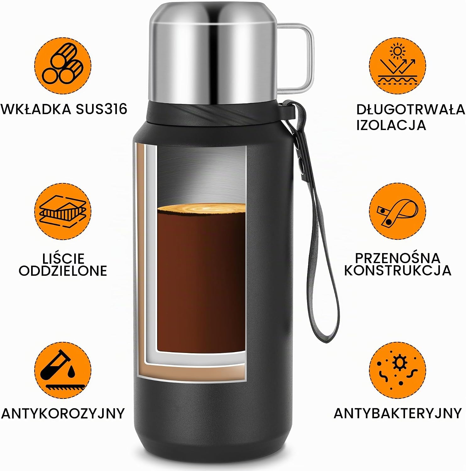 Detalle 2 de Jokisa termos 800 ml ze stali nierdzewnej, próżniowy, z kubkiem i sitkami