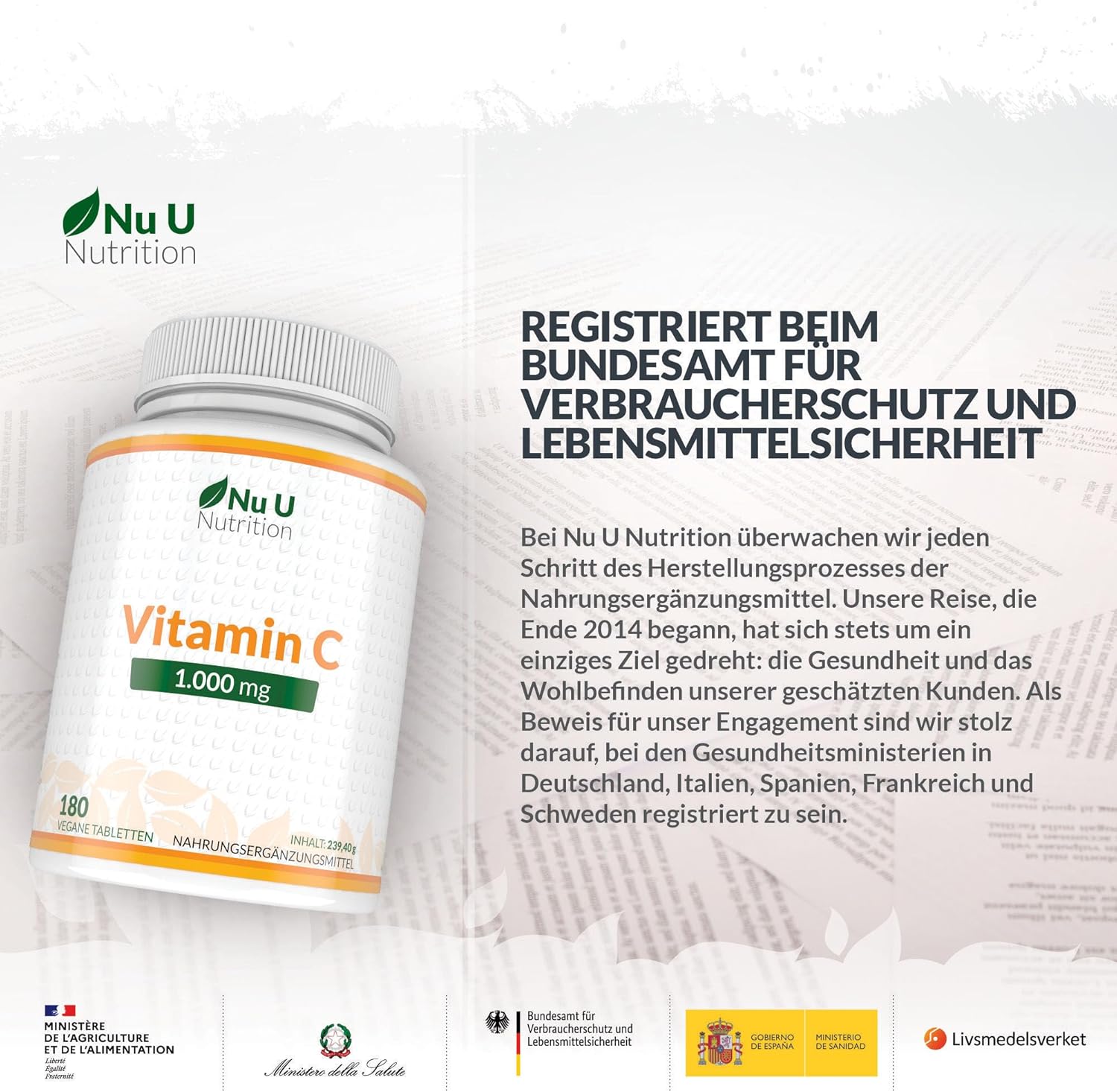 Thumbnail 4 de Nu U Nutrition Vitamin C 1000mg Hochdosiert 180 Vegane Tabletten
