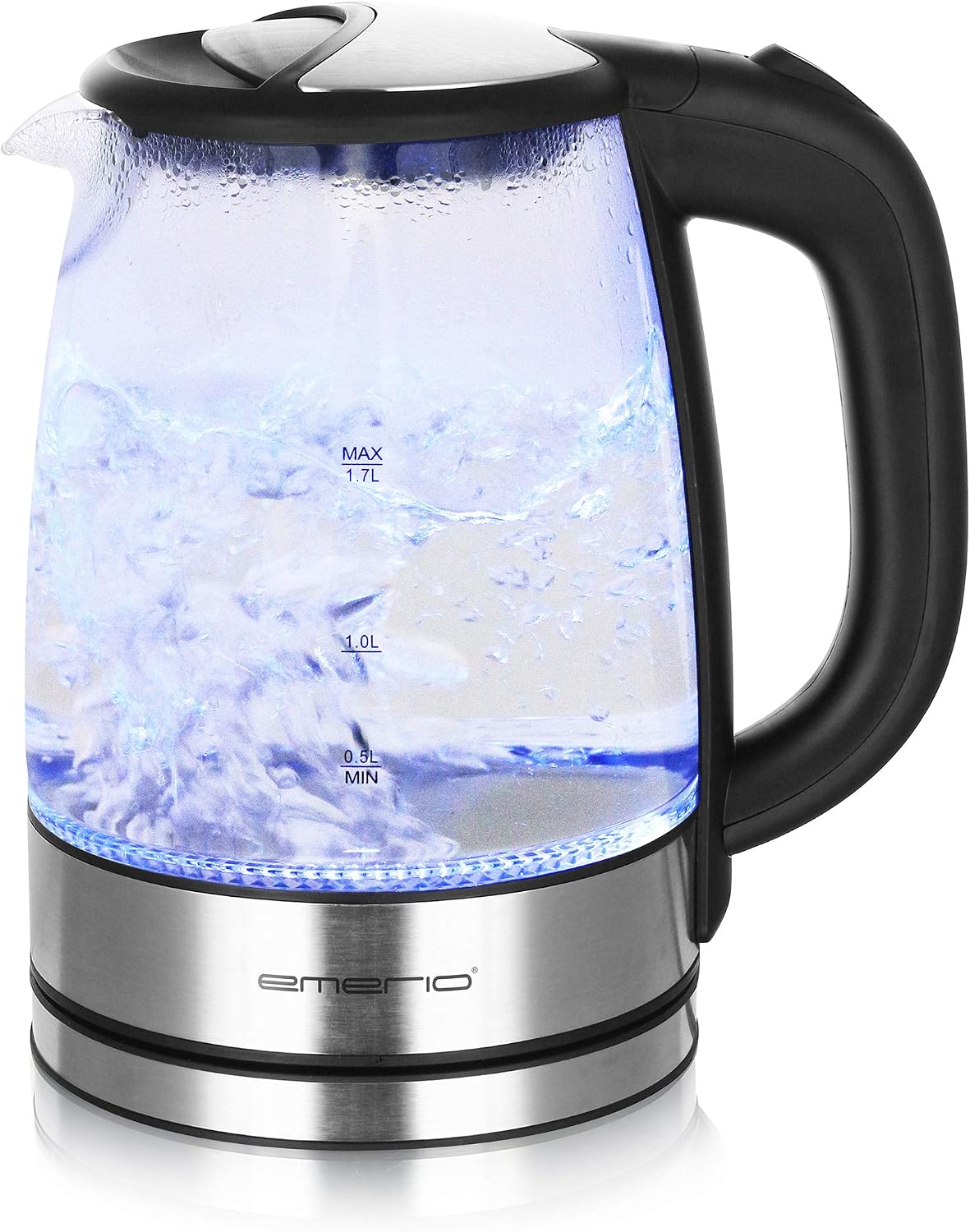 Detalle de EMERIO Glas Wasserkocher 1,7 l – 2200 W, blaue LED-Innenbeleuchtung, 360°-Basis, Auto Off – Preis-Leistung ausgezeichnet