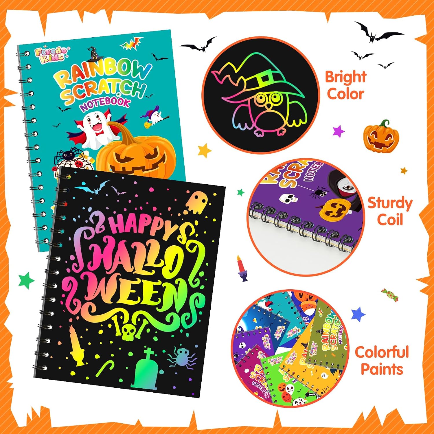 Detalle de FEREDO KIDS 24-Pack Rainbow Scratch Art Notebooks with Halloween Designs