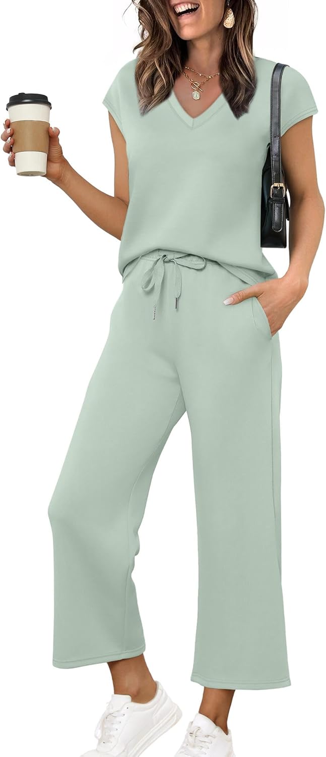 Thumbnail 6 de Saloogoe Two-Piece Lounge Set for Women: V-Neck Cap Sleeve Top + Wide-Leg Pants
