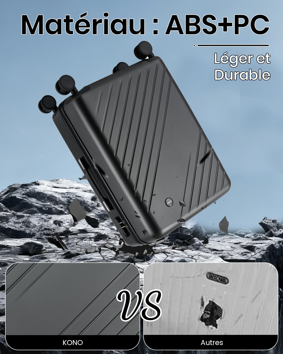Detalle 2 de Kono Valise Soute 61L ABS+PC – Moyenne taille, légèreté et résistance with 360° roues silencieuses