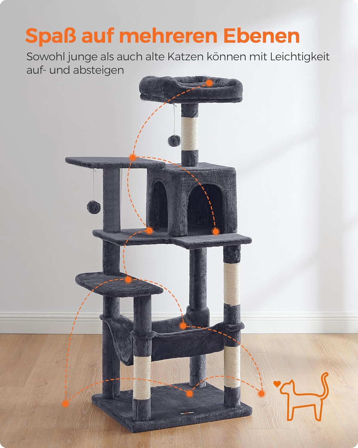 Detalle de Feandrea Kratzbaum PCT161G01 (143 cm hoch) mit 4 Kratzsäulen, 2 Plattformen und Hängematte