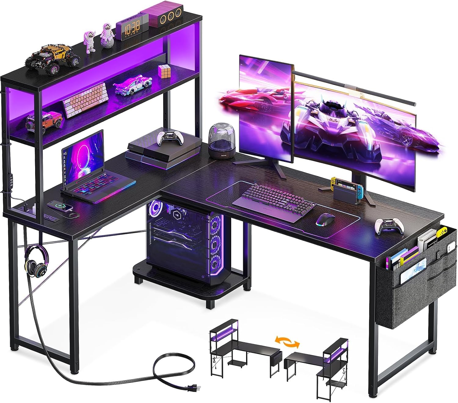 Detalle de AODK MN-143 53-Inch L-Shaped Gaming Desk with LED Lights and Power Outlets