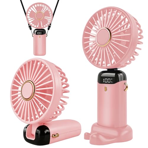 Detalle de Jsdoin Ventilador de mano portátil 5 velocidades: plegable, recargable USB y con pantalla LED (rosa)