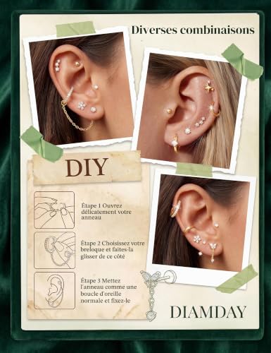 Detalle de Diamday 11 Paires Boucles d'Oreilles Femme – Acier Inoxydable et Or 14K, Créoles et Pendantes