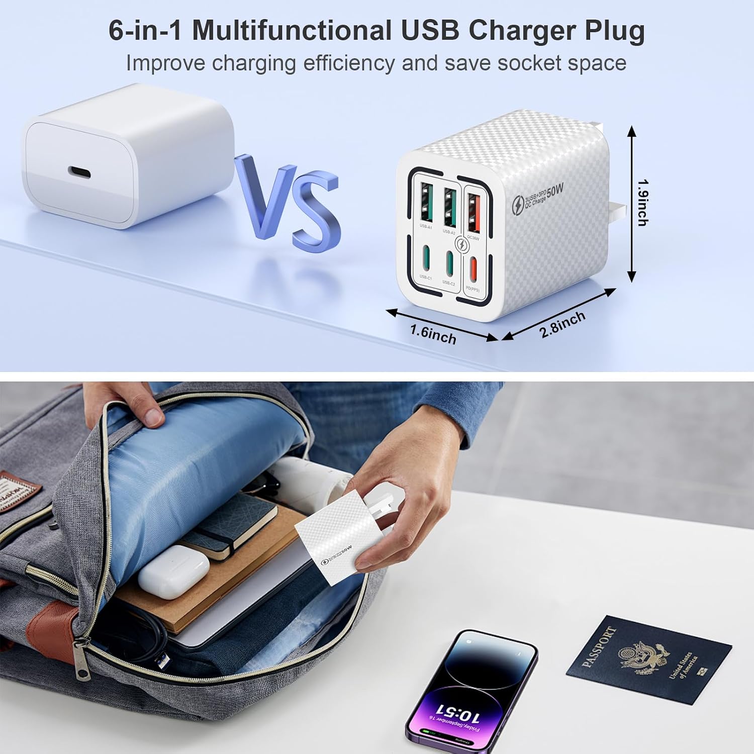 Detalle de USB C Plug 50W 6-Port Fast Charger (UK PD + QC) Black — Multiport Type C wall charger adapter