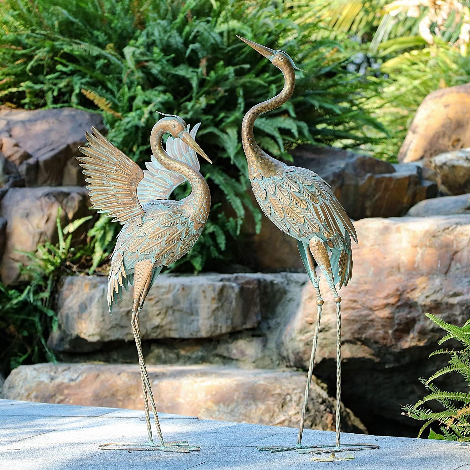 Thumbnail 1 de TERESA'S COLLECTIONS Grand Héron – Statue décorative de jardin en métal, duo de grues 82/92 cm