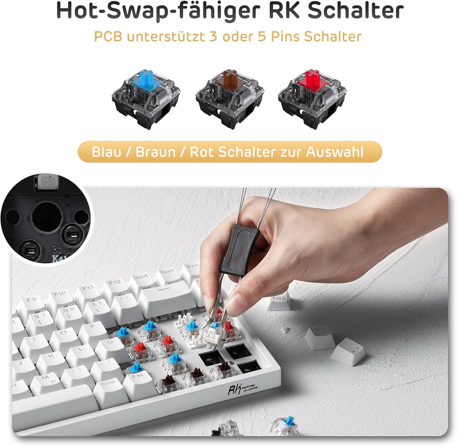 Thumbnail 3 de RK ROYAL KLUDGE RK84-DE tastiera meccanica 75% Bluetooth e 2,4 GHz QWERTZ (interruttori rossi) RGB