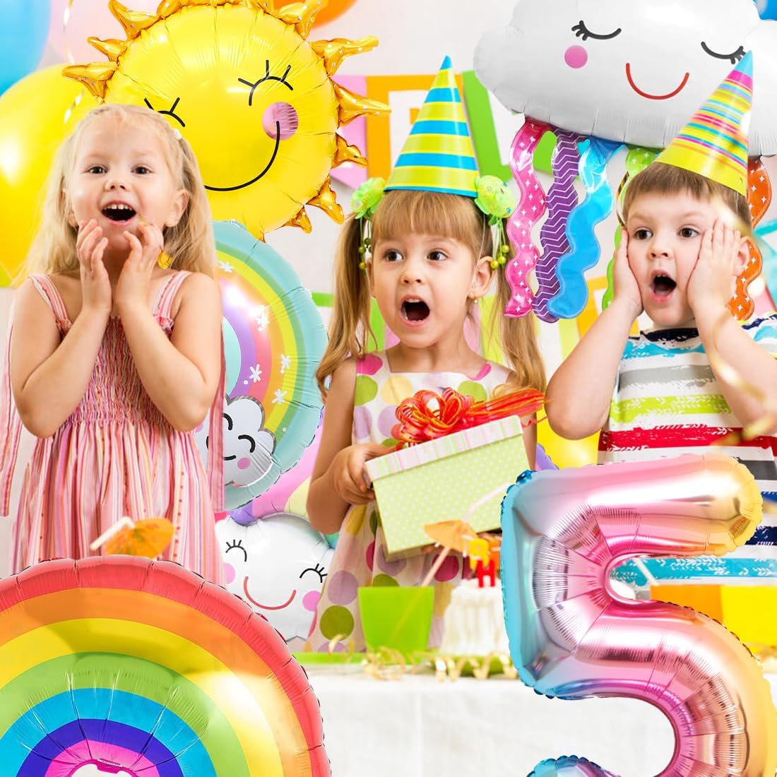 Thumbnail 6 de Aurasky Regenbogen Geburtstagsdeko 5: Folienballons mit Wolken & Sonne (Zahl 5 Set)