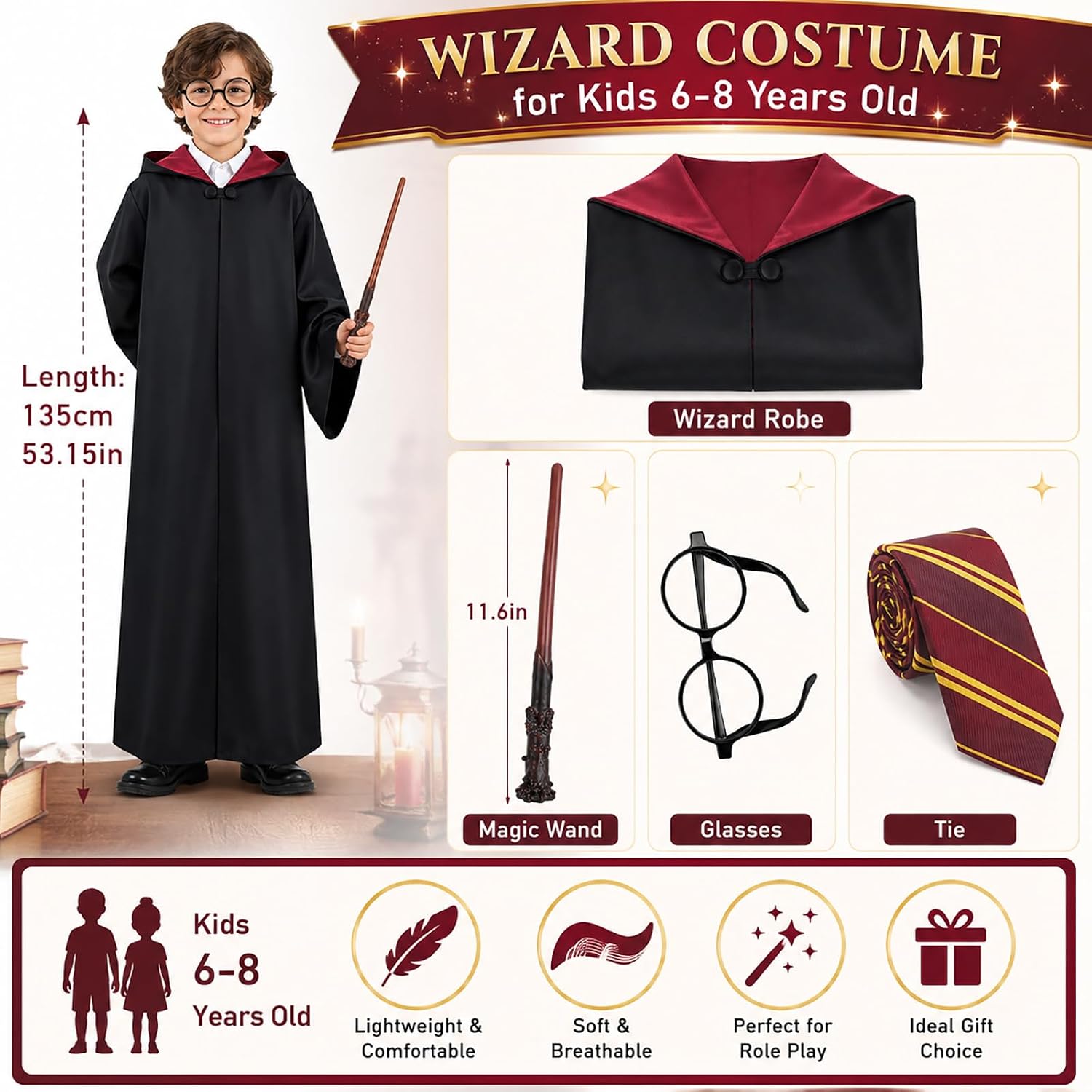 Thumbnail 6 de CVJJZ Wizard Costume Accessories Set, 4-Piece with Black Robe