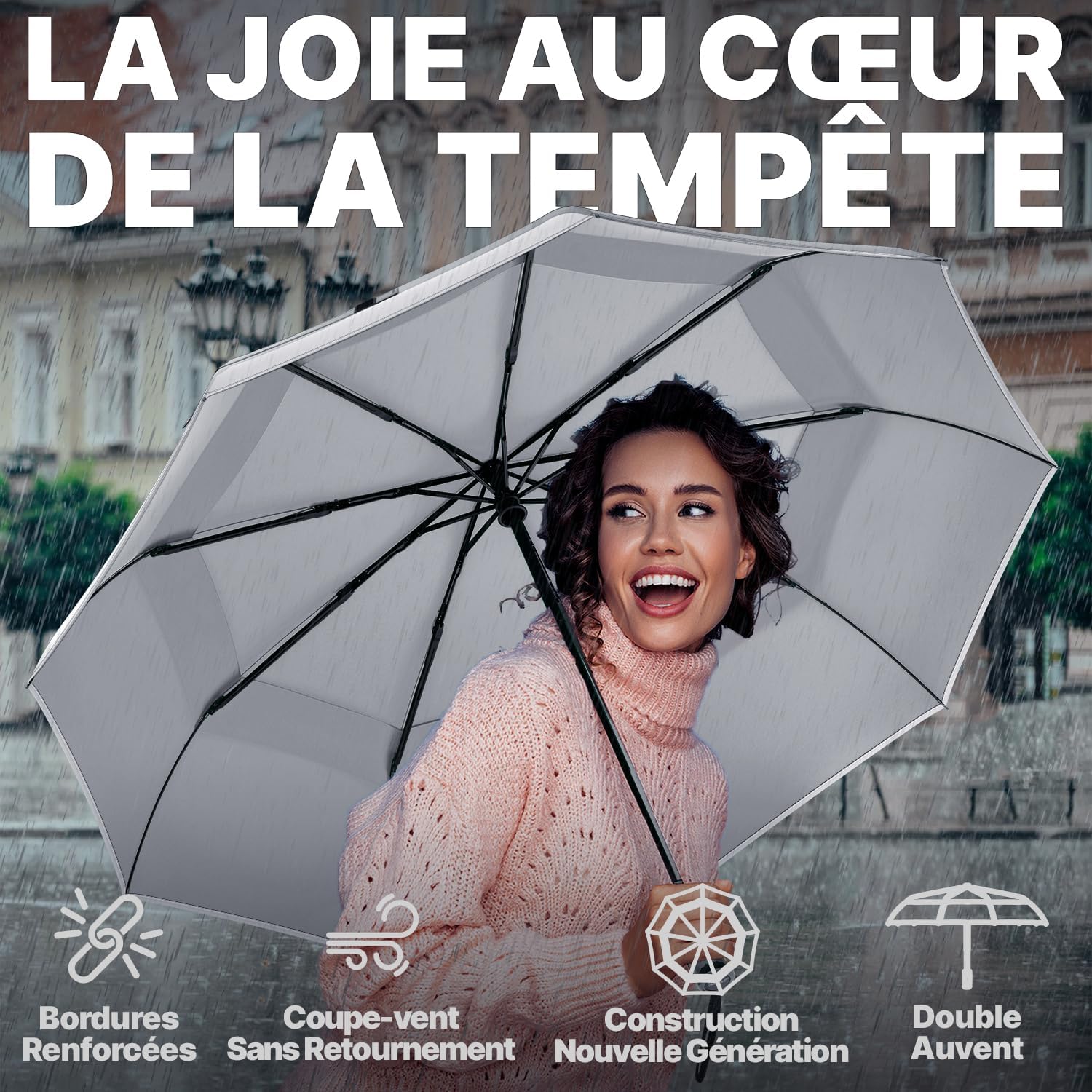 Thumbnail 3 de Royal Walk Parapluie de poche automatique coupe-vent double toit gris L, poignée en bois véritable