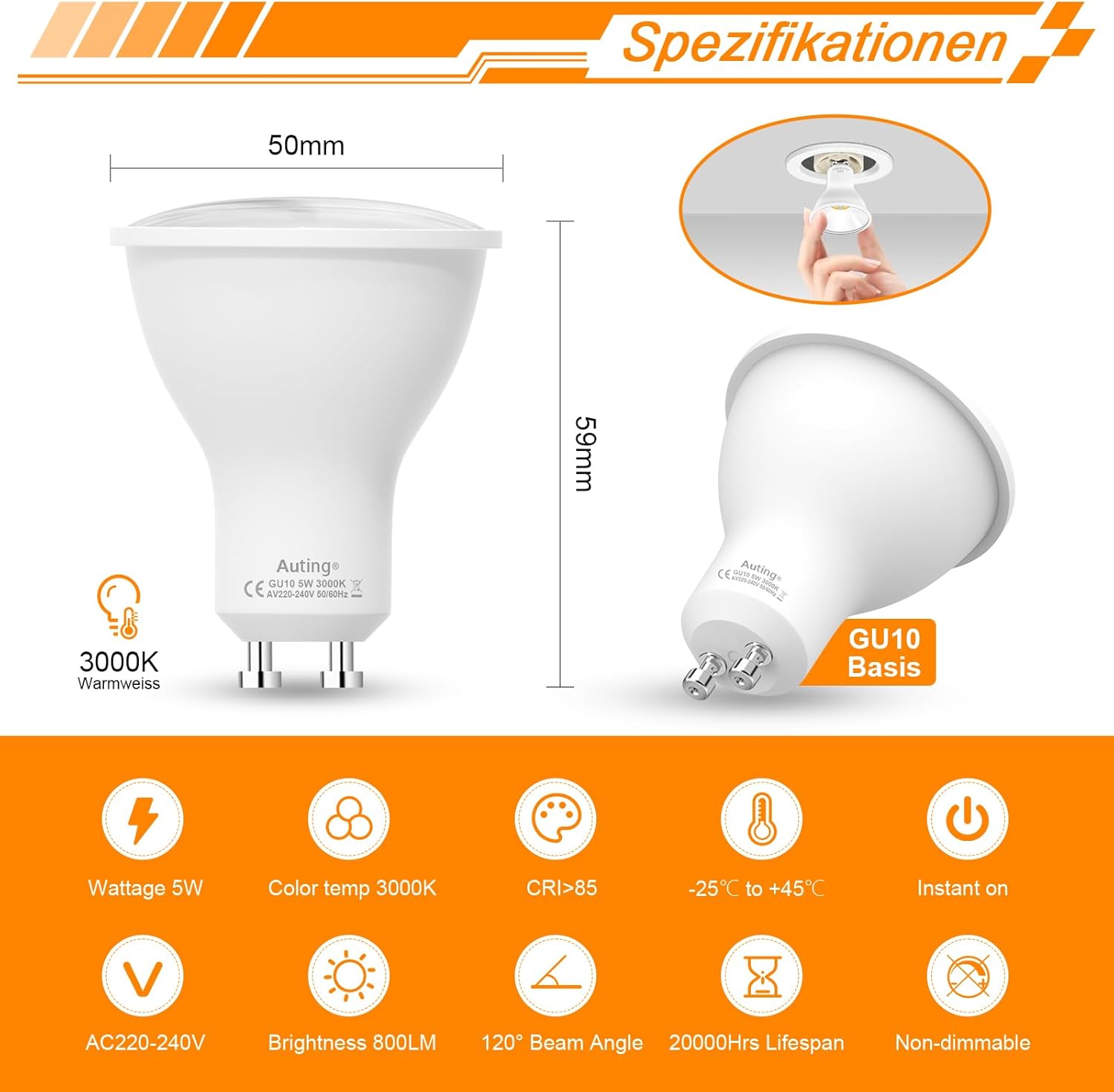 Thumbnail 1 de Auting GU10 LED Warmweiß 3000K, 800 Lumen (6er-Pack, 5 W) – 120° Reflektor, nicht dimmbar