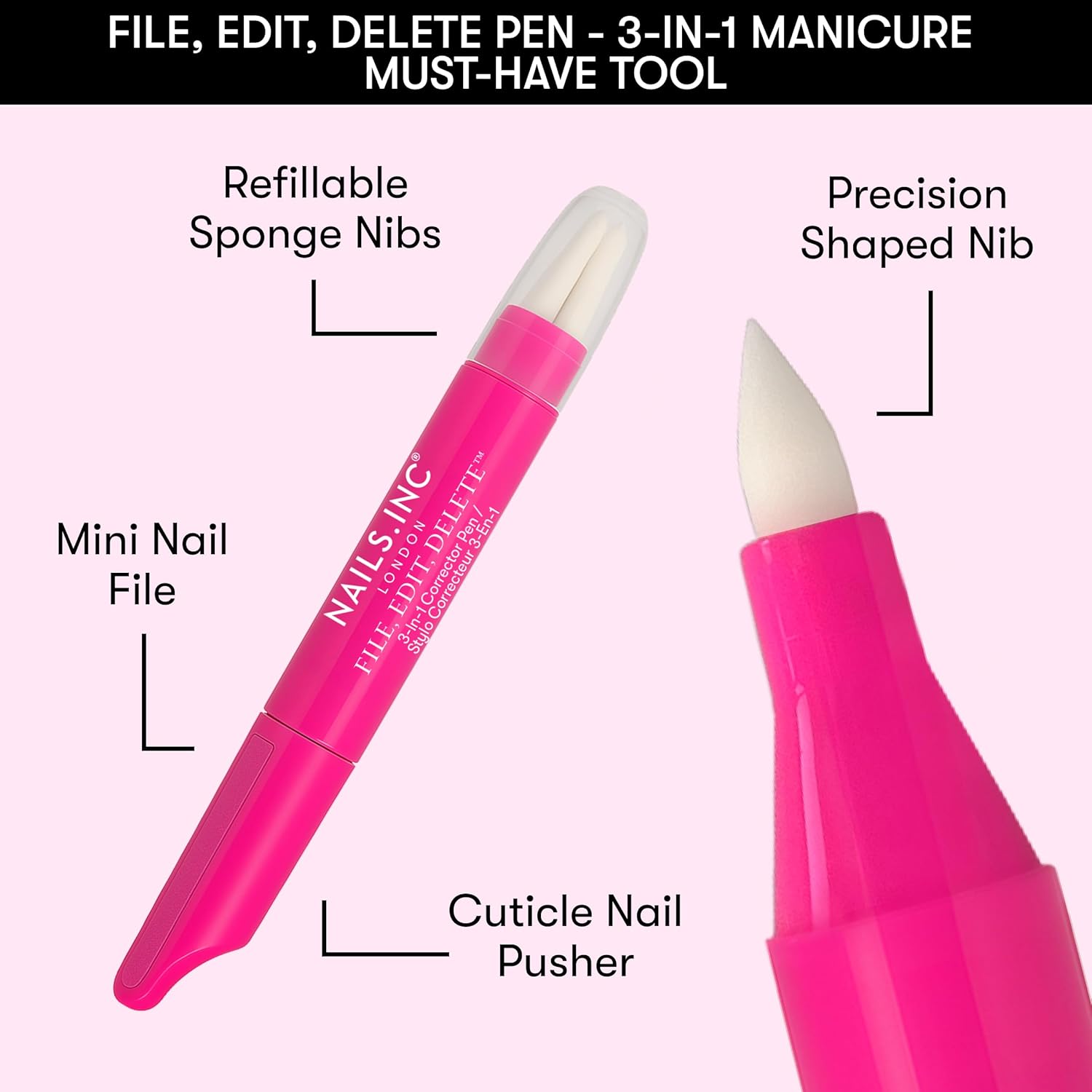 Detalle de Nails Inc File, Edit, Delete 3-in-1 Corrector Pen – Cuticle pusher & nail shaper with replaceable fine tips