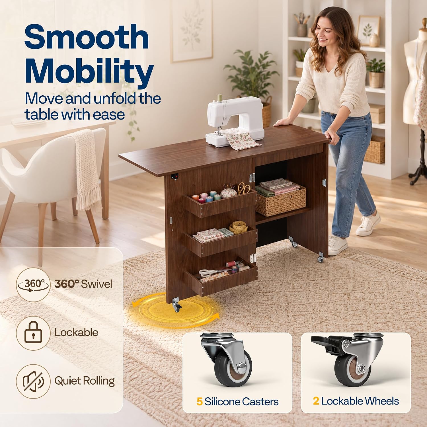 Detalle de VIVOHOME VH1080-WA Folding Sewing Table with Storage, Walnut