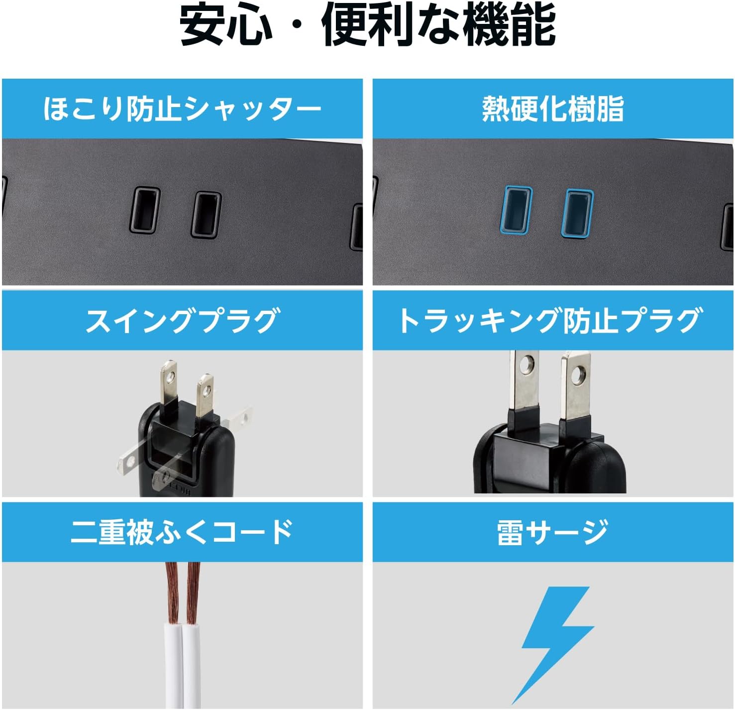 Detalle 2 de エレコム ECT-0102BK 電源タップ 10個口・2m 雷ガード・ほこりシャッター付き