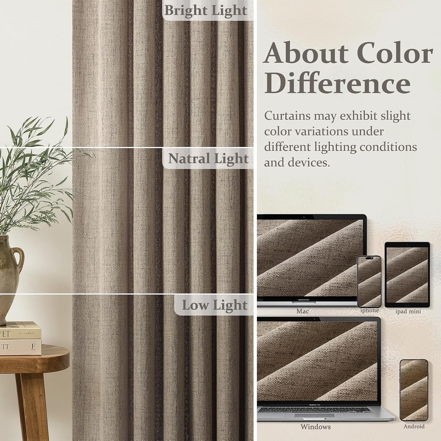 Thumbnail 6 de LuxuNap Pinch Pleated Linen Blend Curtains, 50 x 84 in, Dark Flax, 2 Panels