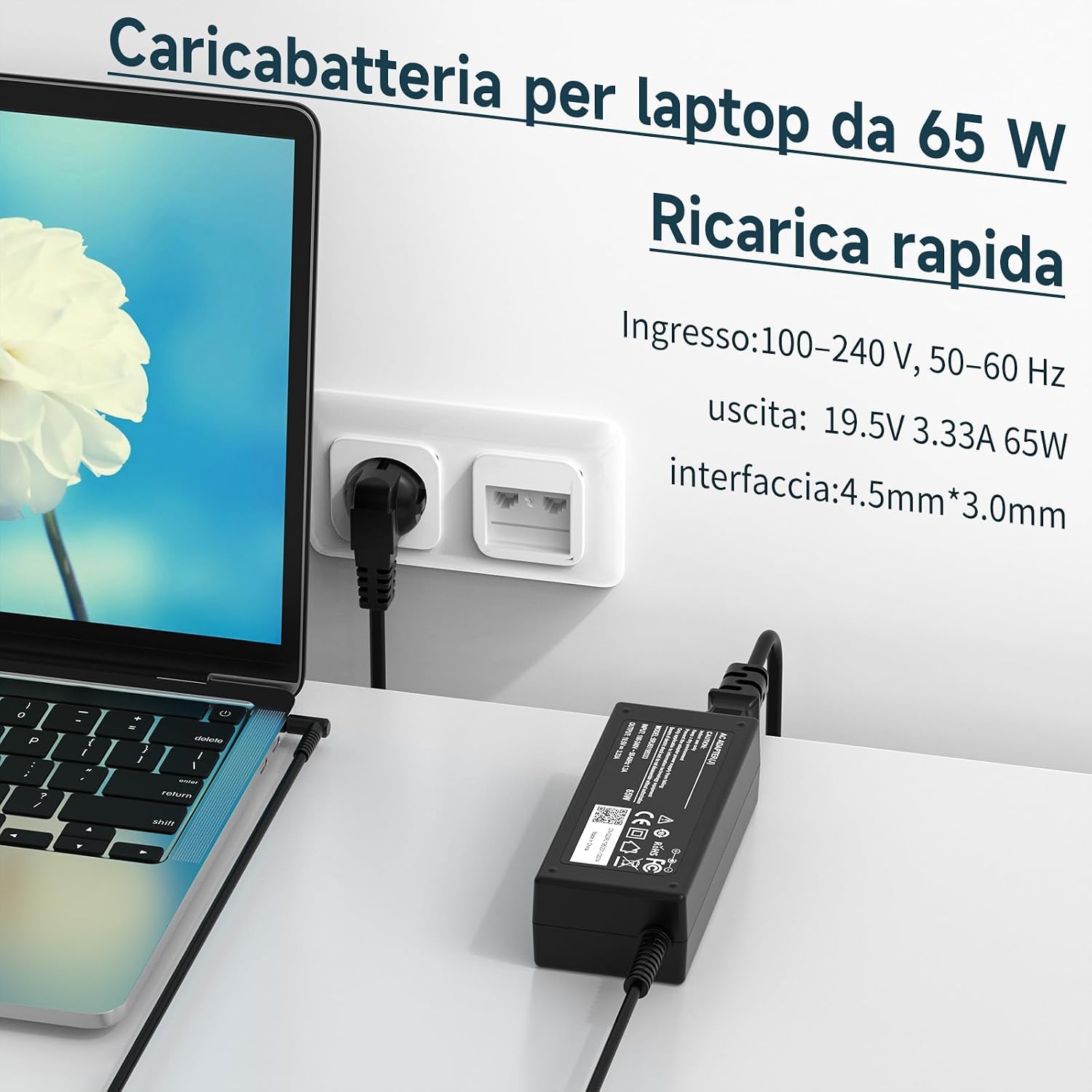 Detalle 2 de Caricatore 65W Compatibile con HP EliteBook, Pavilion, Stream e ProBook (4,5 × 3,0 mm) – 19,5V 3,33A