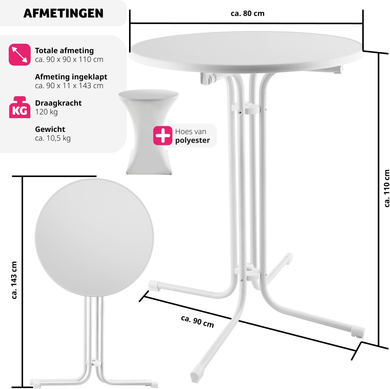 Detalle 2 de tectake 405310 hopfällbart ståbord, runt, 110 cm högt med tvättbart överdrag