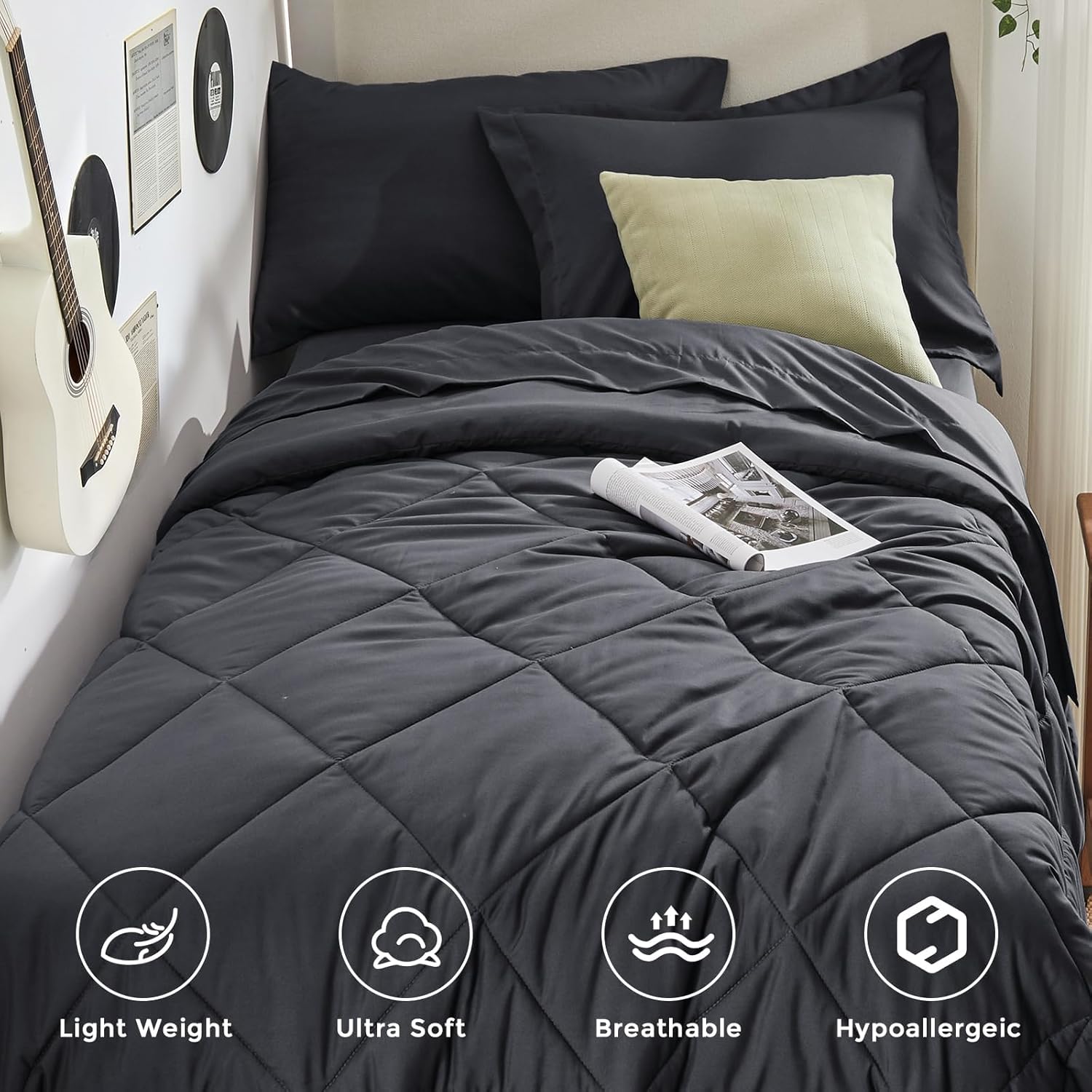 Detalle de HEVUMYI Twin Comforter Set - 5-Piece All Season Bed in a Bag (Twin, Dark Grey)